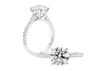 Modern Cathedral style ring with round brillaint cut diamond. Available in White Gold, Yellow Gold, Rose Gold or Platinum