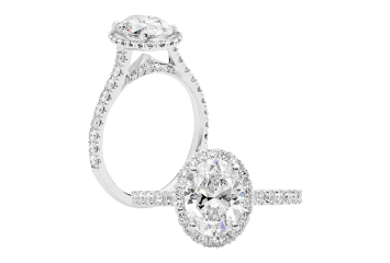 Oval Halo with oval brillant cut diamond available in white gold or platinum Available in White Gold, Yellow Gold, Rose Gold or Platinum