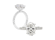 Cathedral style ring with stunning oval brillant cut diamond. Available in White Gold, Yellow Gold, Rose Gold or Platinum