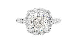 Cushion Halo surround by stunning round brilliant cut diamonds.