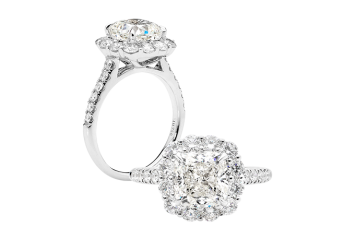 Cushion Halo surround by stunning round brilliant cut diamonds. Available in White Gold, Yellow Gold, Rose Gold or Platinum