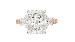 Radiant solitaire ring available in platinum or rose gold.