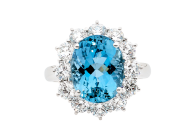 Oval brilliant cut and round brilliant cut aqua cluster diamond ring. Available in White Gold, Yellow Gold, Rose Gold or Platinum
