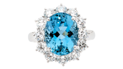 Oval brilliant cut and round brilliant cut aqua cluster diamond ring.