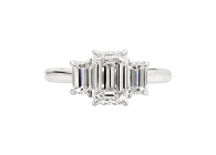 Stunning emerald cut Trilogy ring available in white gold or platinum. Available in White Gold, Yellow Gold, Rose Gold or Platinum