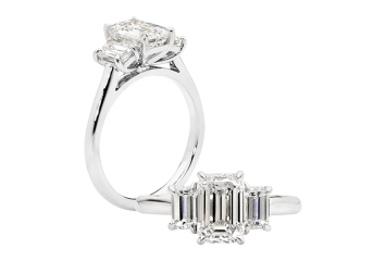 Stunning emerald cut Trilogy ring available in white gold or platinum. Available in White Gold, Yellow Gold, Rose Gold or Platinum