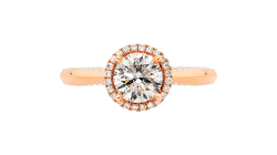 Round brilliant cut Halo ring available in rose gold.