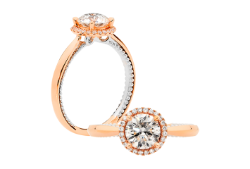 Round brilliant cut Halo ring available in rose gold. Available in White Gold, Yellow Gold, Rose Gold or Platinum