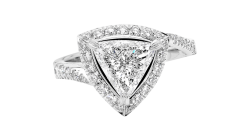 Stunning Trilliant Halo ring available in white gold or platinum.
