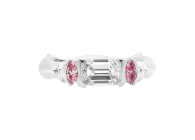 Emeral and marquise cut Trilogy ring available in white gold or platinum. Available in White Gold, Yellow Gold, Rose Gold or Platinum
