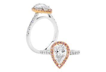 Pear brilliant cut Halo available in white or rose gold. Available in White Gold, Yellow Gold, Rose Gold or Platinum