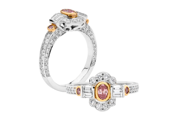 Oval brilliant cut and baguettes cut diamond ring available in platinum or rose gold. Available in White Gold, Yellow Gold, Rose Gold or Platinum