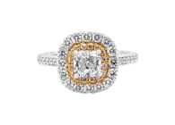 Cushion cut Halo ring available in white or rose gold. Available in White Gold, Yellow Gold, Rose Gold or Platinum