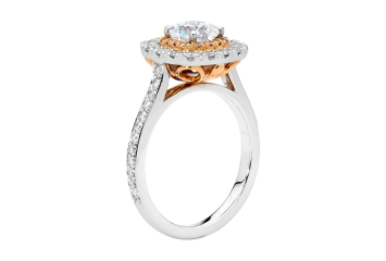 Cushion cut Halo ring available in white or rose gold. Available in White Gold, Yellow Gold, Rose Gold or Platinum