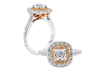 Cushion cut Halo ring available in white or rose gold. Available in White Gold, Yellow Gold, Rose Gold or Platinum