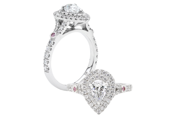 Pear brilliant cut Halo ring available in white gold or platinum. Available in White Gold, Yellow Gold, Rose Gold or Platinum
