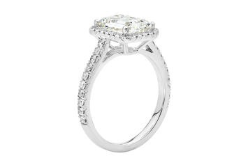 Emerald cut Halo diamond ring available in white gold or platinum. Available in White Gold, Yellow Gold, Rose Gold or Platinum