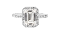 Emerald cut Halo diamond ring available in white gold or platinum.