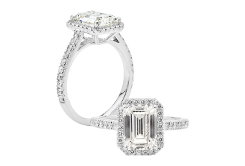 Emerald cut Halo diamond ring available in white gold or platinum. Available in White Gold, Yellow Gold, Rose Gold or Platinum
