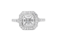 Asscher cut Halo ring available in white gold or platinum. Available in White Gold, Yellow Gold, Rose Gold or Platinum