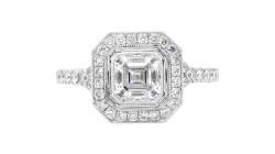 Asscher cut Halo ring available in white gold or platinum.