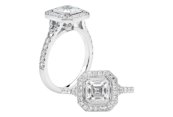 Asscher cut Halo ring available in white gold or platinum. Available in White Gold, Yellow Gold, Rose Gold or Platinum