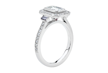 Emerald cut Halo diamond ring available in white gold or platinum. Available in White Gold, Yellow Gold, Rose Gold or Platinum