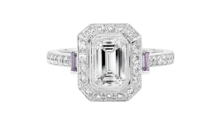 Emerald cut Halo diamond ring available in white gold or platinum.