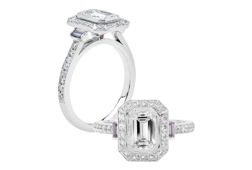 Emerald cut Halo diamond ring available in white gold or platinum. Available in White Gold, Yellow Gold, Rose Gold or Platinum
