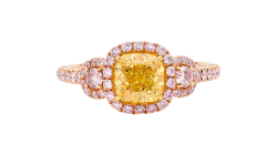 Cushion cut argyle pink diamond ring available in rose or yellow gold.