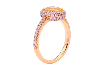 Cushion cut Halo ring with pink diamonds available in rose or yellow gold. Available in White Gold, Yellow Gold, Rose Gold or Platinum