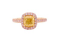 Cushion cut Halo ring with pink diamonds available in rose or yellow gold. Available in White Gold, Yellow Gold, Rose Gold or Platinum