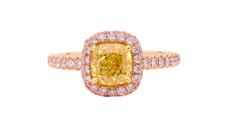 Cushion cut Halo ring with pink diamonds available in rose or yellow gold.