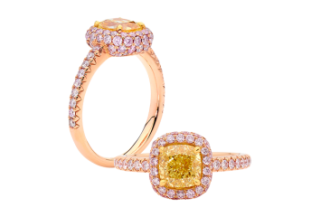 Cushion cut Halo ring with pink diamonds available in rose or yellow gold. Available in White Gold, Yellow Gold, Rose Gold or Platinum