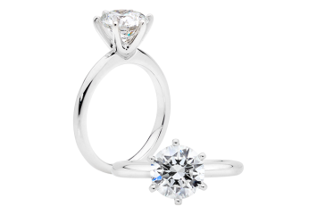 Classic Solitaire with round brilliant cut diamond available in white gold or platinum. Available in White Gold, Yellow Gold, Rose Gold or Platinum