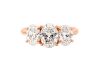 Oval brilliant cut Trilogy available in rose gold. Available in White Gold, Yellow Gold, Rose Gold or Platinum
