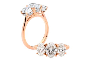 Oval brilliant cut Trilogy available in rose gold. Available in White Gold, Yellow Gold, Rose Gold or Platinum