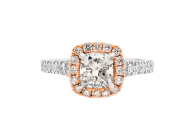 Cushion cut Halo ring available in platinum or rose gold. Available in White Gold, Yellow Gold, Rose Gold or Platinum