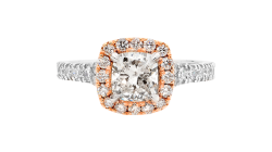 Cushion cut Halo ring available in platinum or rose gold.