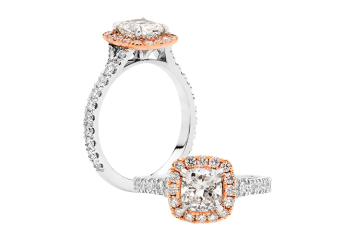 Cushion cut Halo ring available in platinum or rose gold. Available in White Gold, Yellow Gold, Rose Gold or Platinum