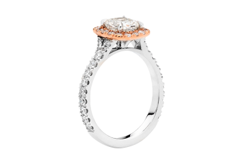 Cushion cut Halo ring available in platinum or rose gold. Available in White Gold, Yellow Gold, Rose Gold or Platinum