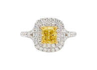 Yellow double Halo ring with radiant cut available in white or yellow gold. Available in White Gold, Yellow Gold, Rose Gold or Platinum