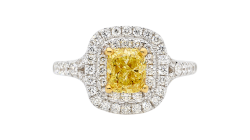 Yellow double Halo ring with radiant cut available in white or yellow gold.