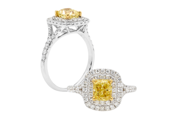 Yellow double Halo ring with radiant cut available in white or yellow gold. Available in White Gold, Yellow Gold, Rose Gold or Platinum