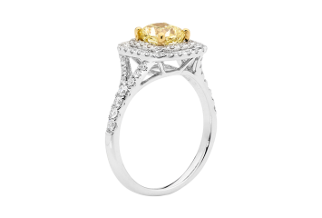 Yellow double Halo ring with radiant cut available in white or yellow gold. Available in White Gold, Yellow Gold, Rose Gold or Platinum