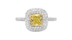 Pave set Halo ring with cushion cut available in white or yellow gold.