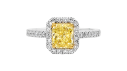 Radient Halo engagement ring available in white or yellow gold.
