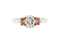 Oval brilliant cut Trilogy ring available in white or rose gold. Available in White Gold, Yellow Gold, Rose Gold or Platinum