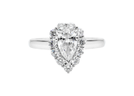 Pear brilliant cut Halo ring available in white gold or platinum. Available in White Gold, Yellow Gold, Rose Gold or Platinum