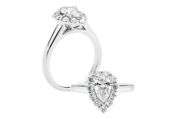 Pear brilliant cut Halo ring available in white gold or platinum. Available in White Gold, Yellow Gold, Rose Gold or Platinum